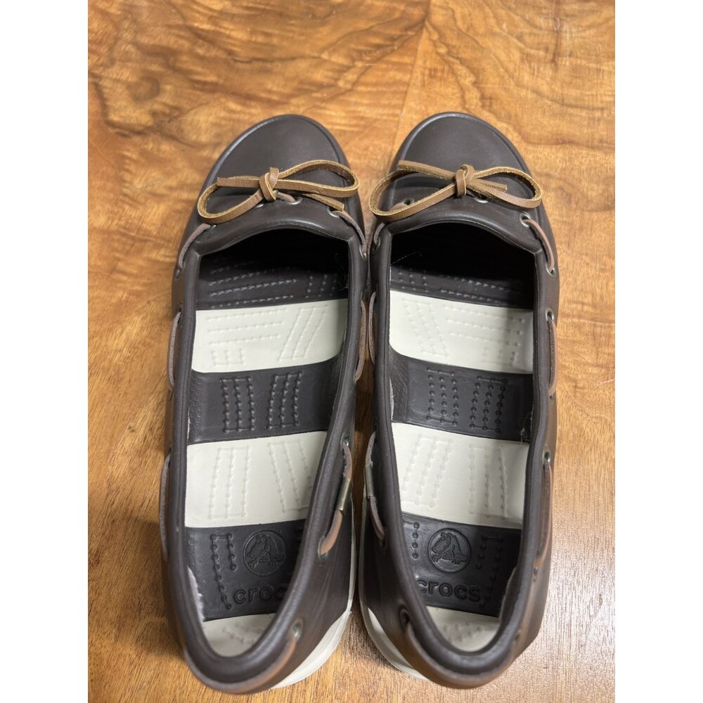 Crocs Beach Line Boat Shoes Women’s 8 Brown Ivory Slip On Nautical Water Loafers - Picture 7 of 9